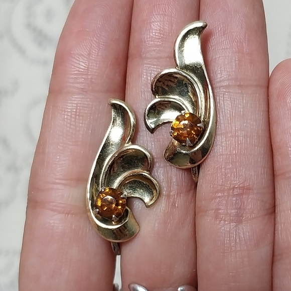 925 Sterling Silver Screw Back Earrings Gold Tone Amber Citrine Vintage 1900s - Picture 1 of 4